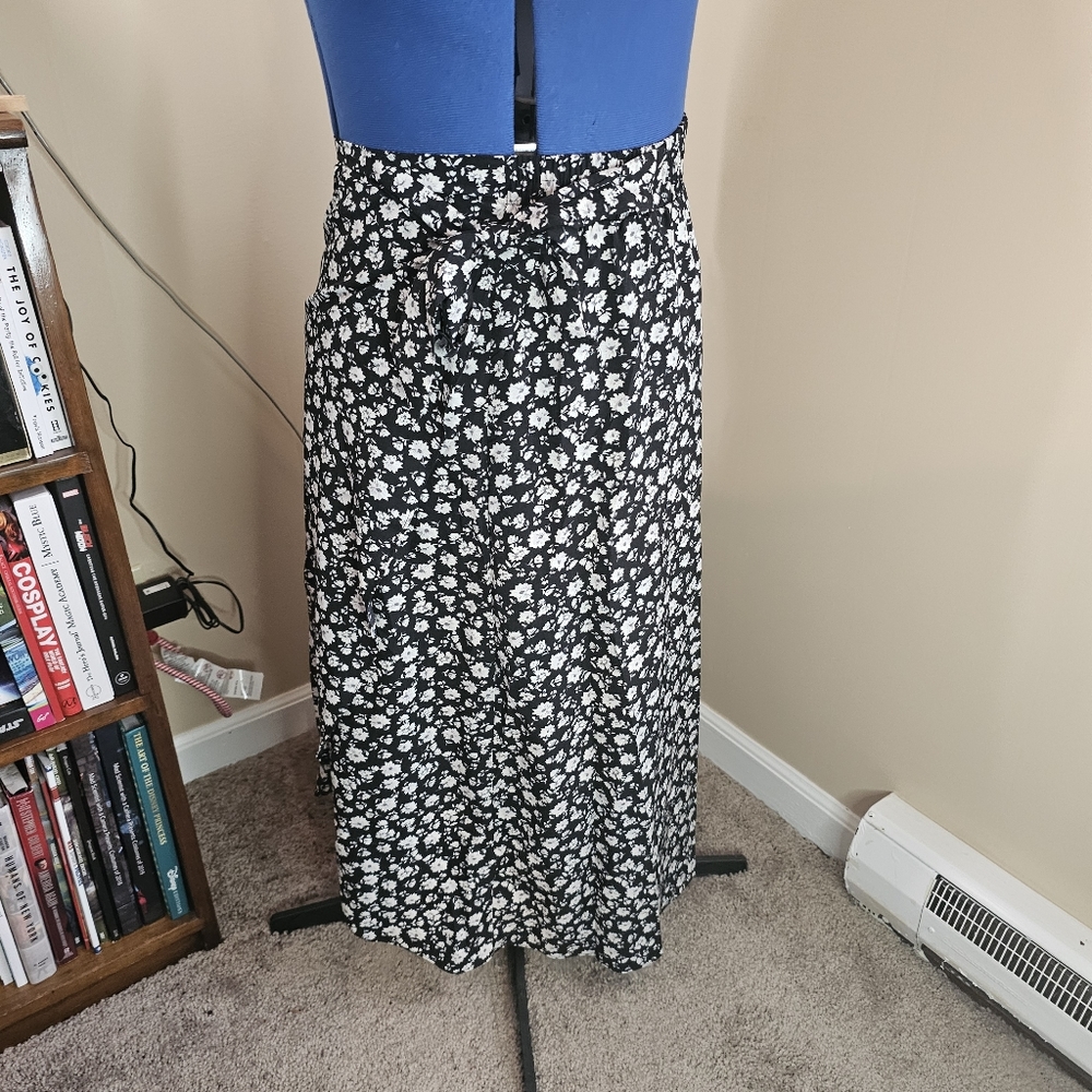 Pygfemr High Waisted Black Floral Bow Tie Belt Wrap Layered Skirt